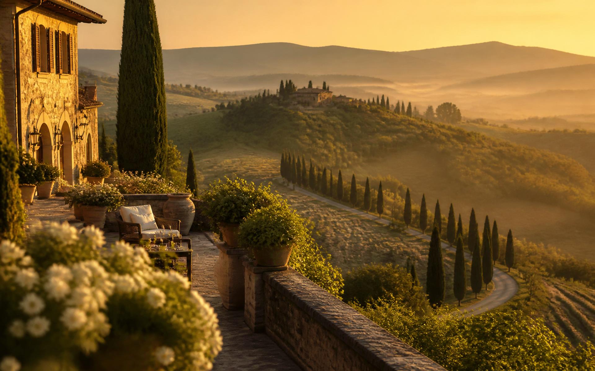 Tuscan villa terrace overlooking cypress-lined hills at golden hour